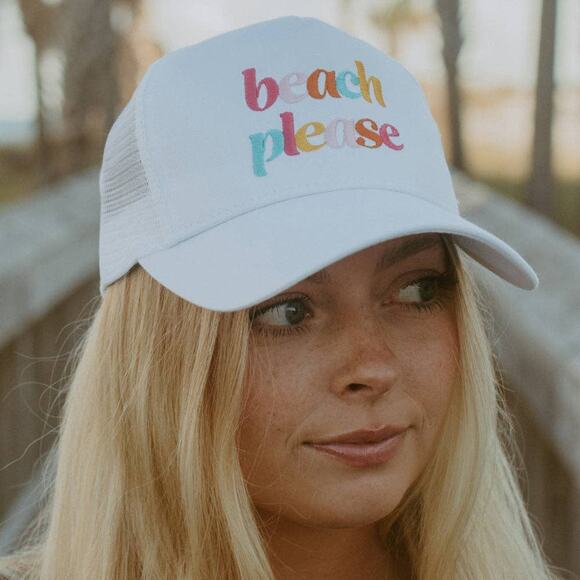 Beach Please Embroidered Graphic Foam Trucker Hat White - Picture 2 of 3
